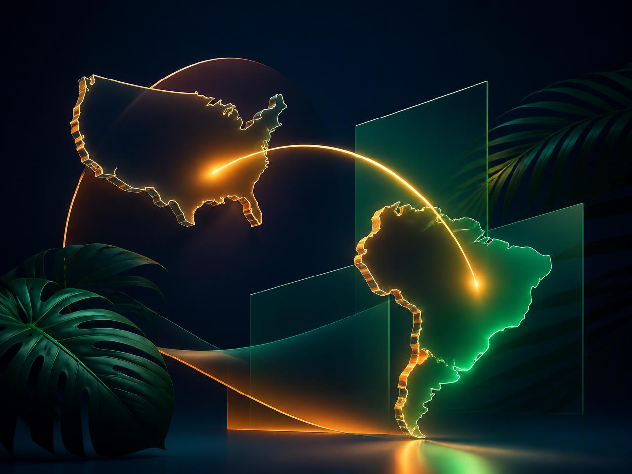 Composição abstrata conectando o Brasil e os Estados Unidos com luz verde e laranja